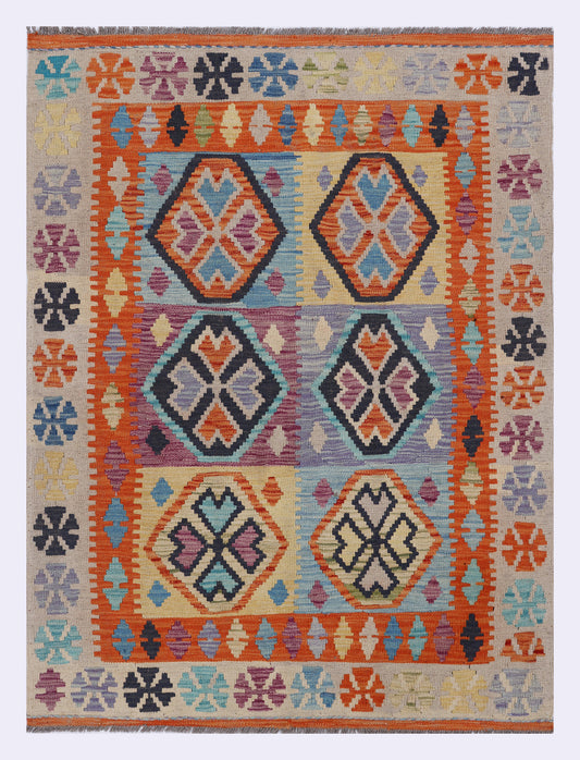Orange kilim rug, geometric pattern, rectangular 146x109 cm