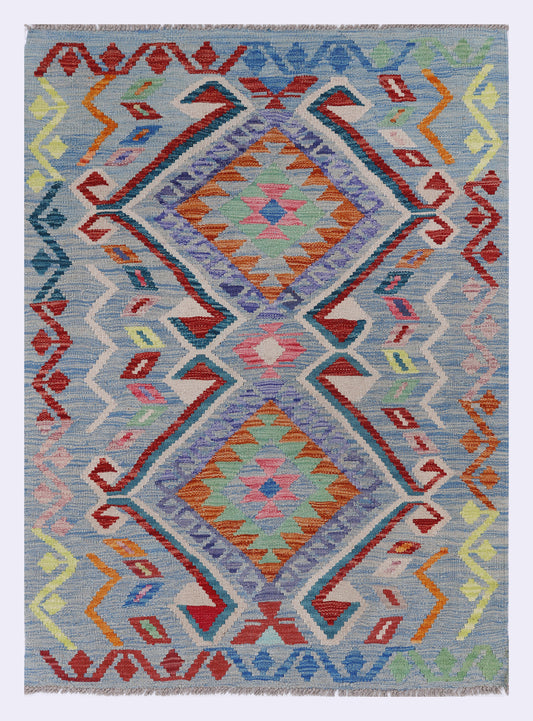 Blue kilim rug with multicolor geometric diamond and zigzag pattern, flatwoven.