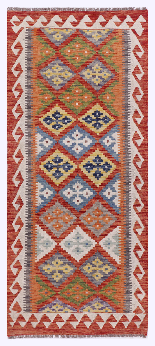 Orange kilim rug, 195x83 cm, geometric diamond pattern with blue and red accents