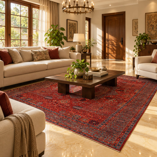 Traditional wool rug with red field and blue geometric motifs, large area size
