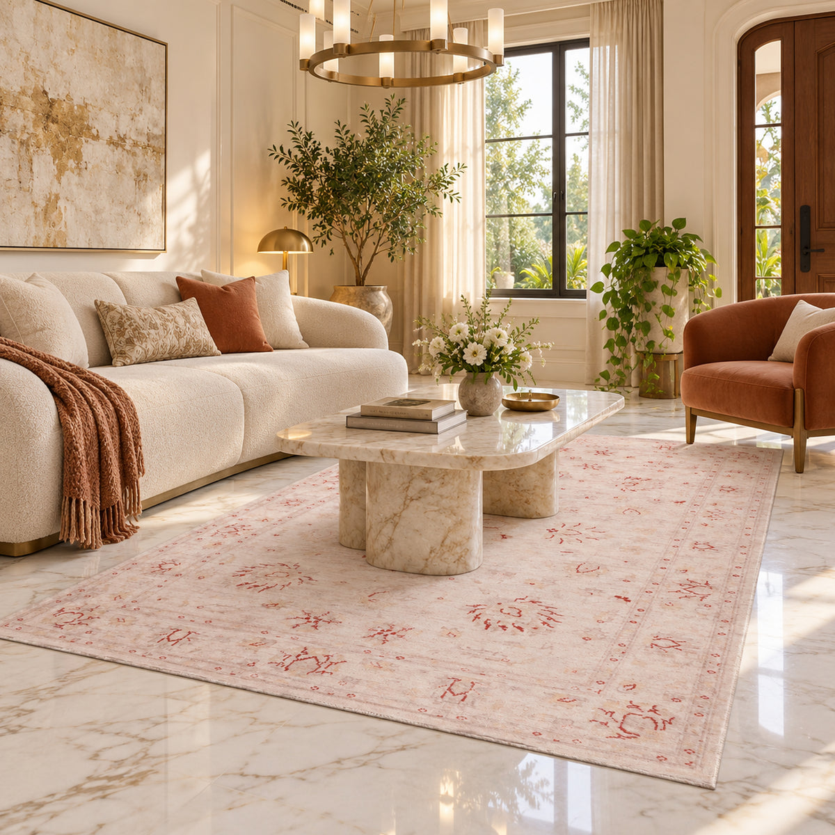Beige rug with red motifs, full view