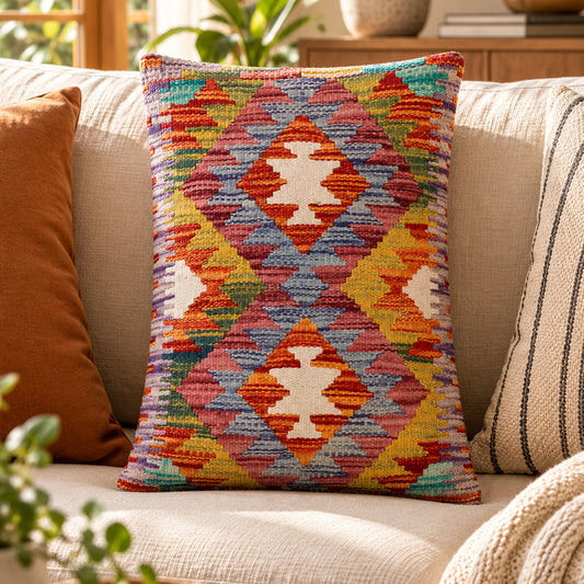 Kilim cushion cover with geometric multicolor diamond pattern, 35x55 cm
