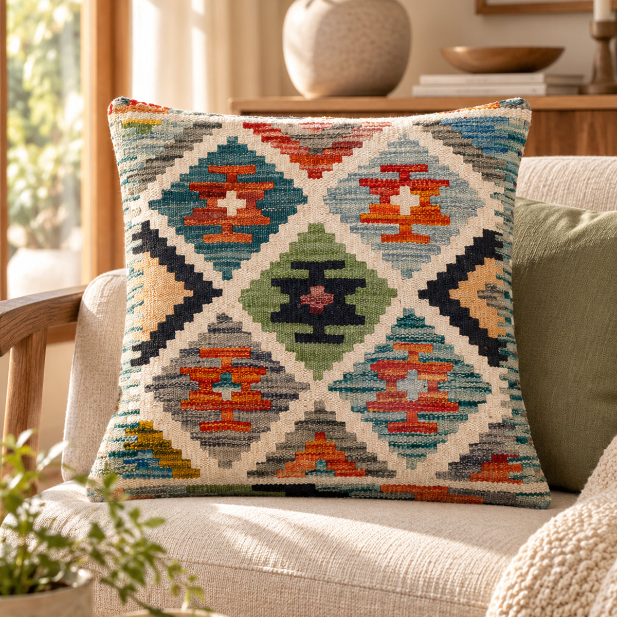 Multicolor kilim cushion cover with geometric diamond pattern, 45x45 cm, on chair