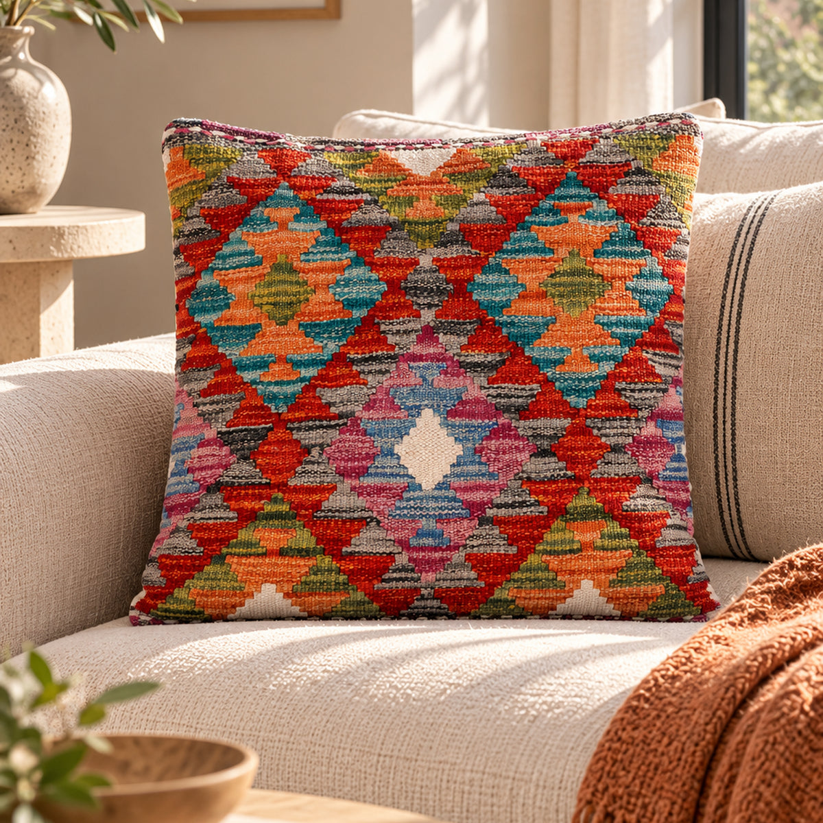 Multicolor diamond-pattern kilim cushion on beige sofa, 45x45 cm