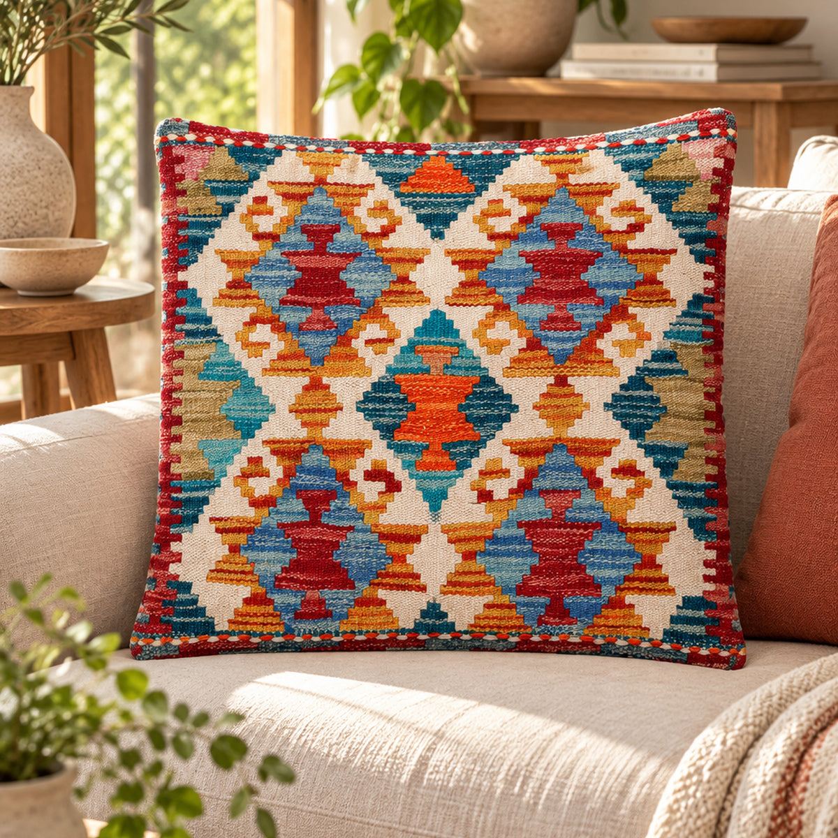 Kilim cushion cover 45x45 cm with geometric diamond pattern in blue, orange, red on cream.