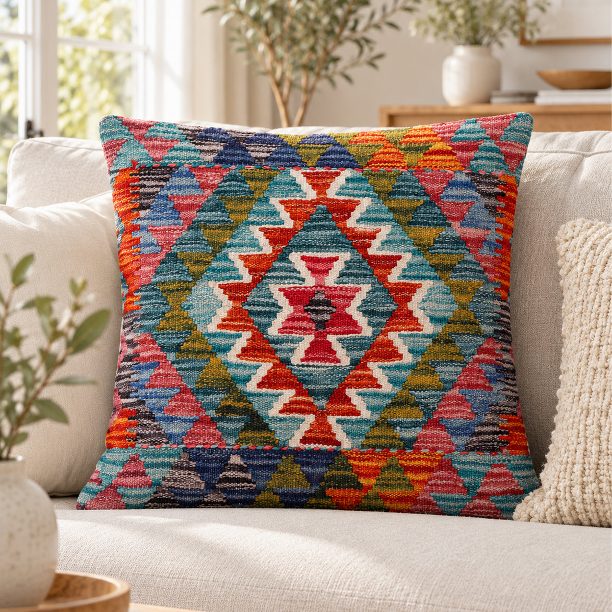 Geometric kilim cushion cover with turquoise, red, blue and orange diamond pattern
