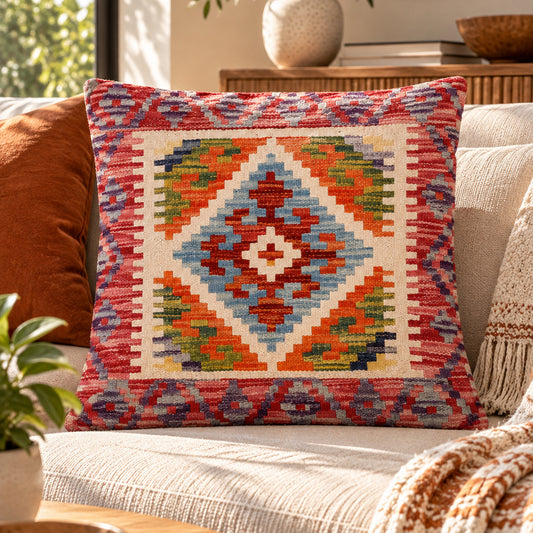 Diamond kilim cushion cover, red multicolor woven front, 45x45 cm