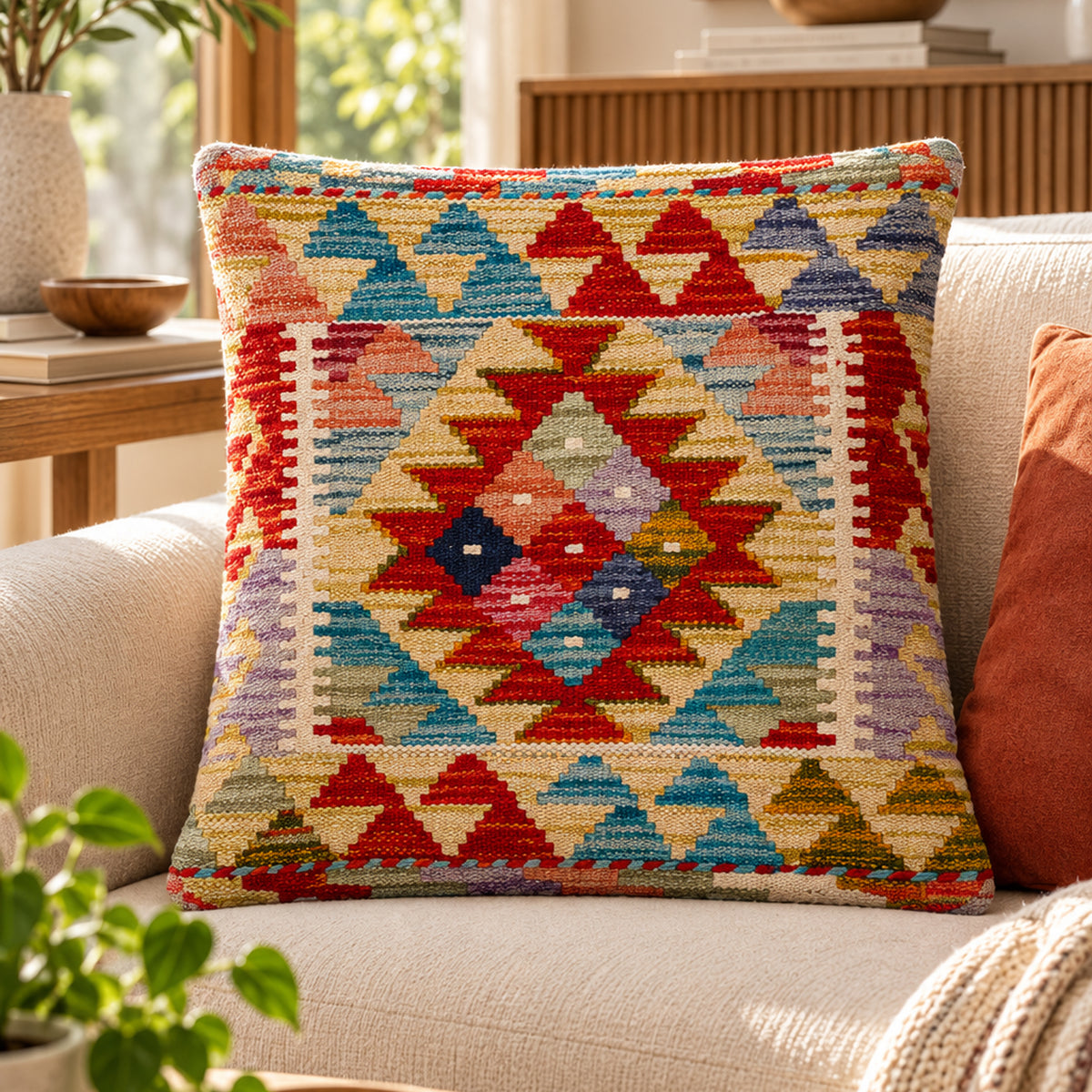 Beige kilim cushion cover with multicolor diamond pattern, 45x45 cm