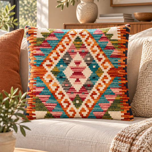 Multicolor diamond-pattern kilim cushion cover, woven geometric motif on front