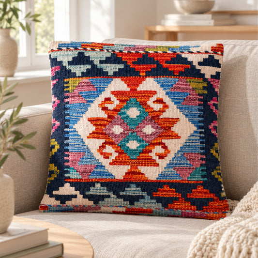 Blue Diamond Kilim cushion cover, 45x45 cm, multicolor geometric diamond pattern