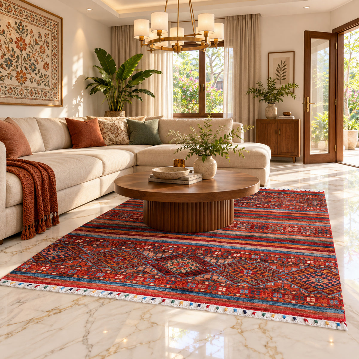 Multicolor geometric rug laid flat on light tile floor, fringed edges visible