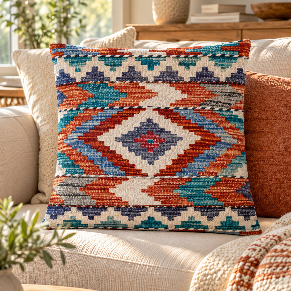 45x45 kilim cushion cover with geometric medallion pattern in blue, orange, teal on cream