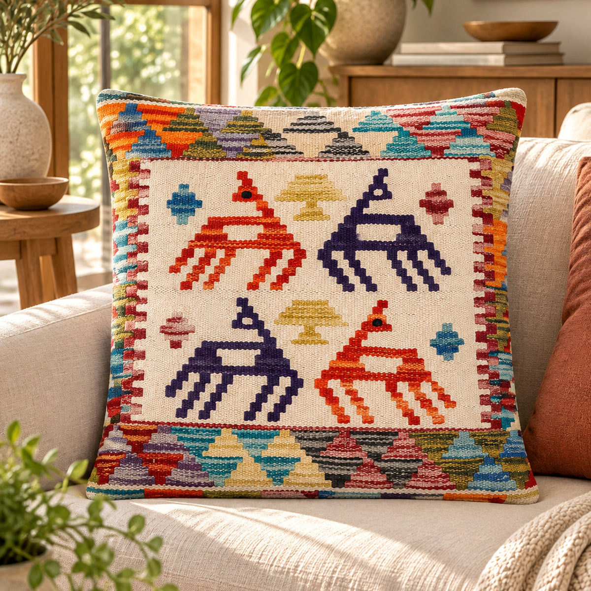 Square kilim cushion with colorful animal figures and orange accents, stitched edge