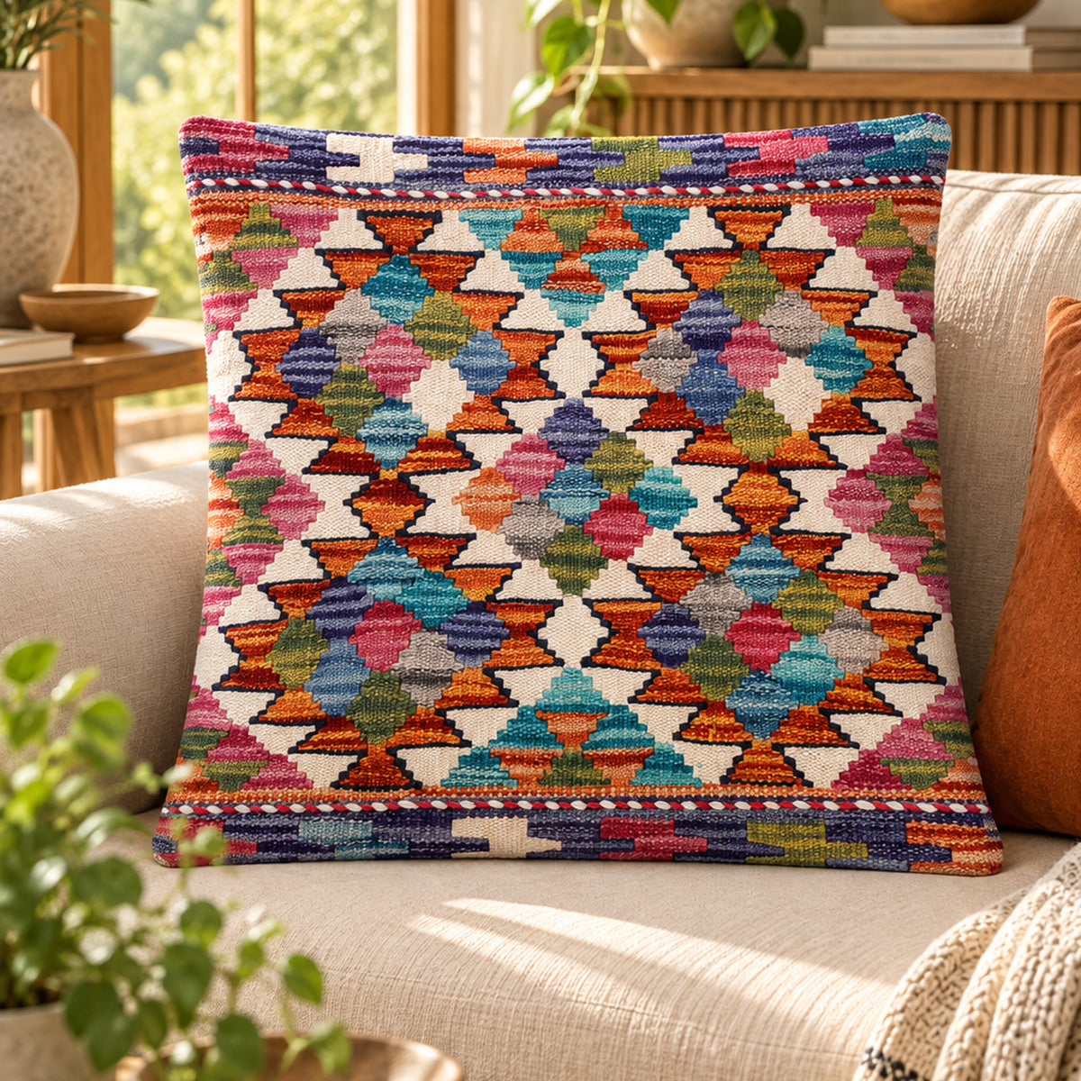 Multicolor kilim cushion cover with geometric diamond mosaic pattern, 45x45 cm