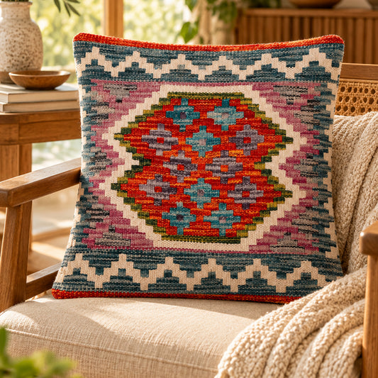 Kilim cushion cover (45x45) with multicolor medallion pattern and orange border
