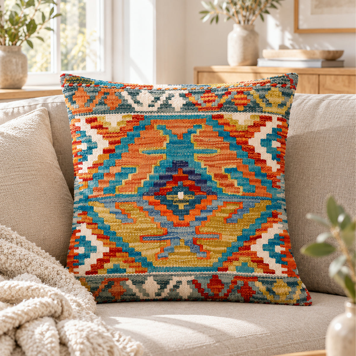 Kilim cushion cover with blue, orange, yellow geometric medallion pattern, fringed edges