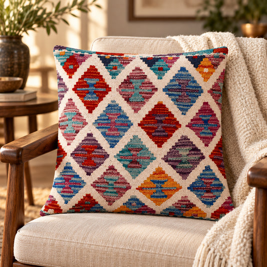45x45 cm kilim cushion cover with multicolor diamond geometric pattern on off-white background