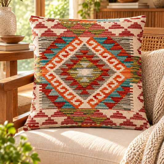 Kilim cushion cover with multicolor diamond pattern on beige ground, 45x45 cm