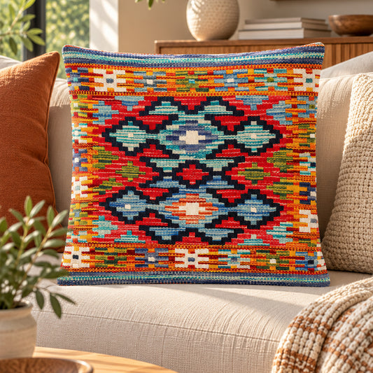 Tribal kilim cushion cover, multicolor geometric pattern with red, blue and yellow