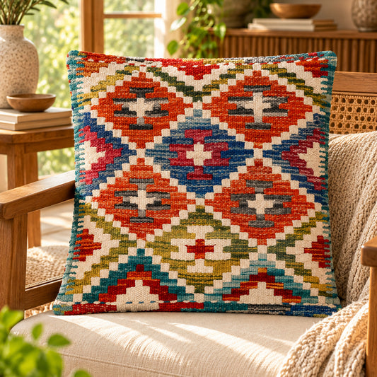 Kilim cushion cover 45x45 cm with multicolor geometric cross patterns