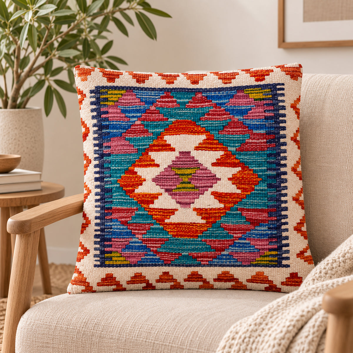 Turquoise kilim cushion cover, 45x45 cm, multicolor geometric front on chair