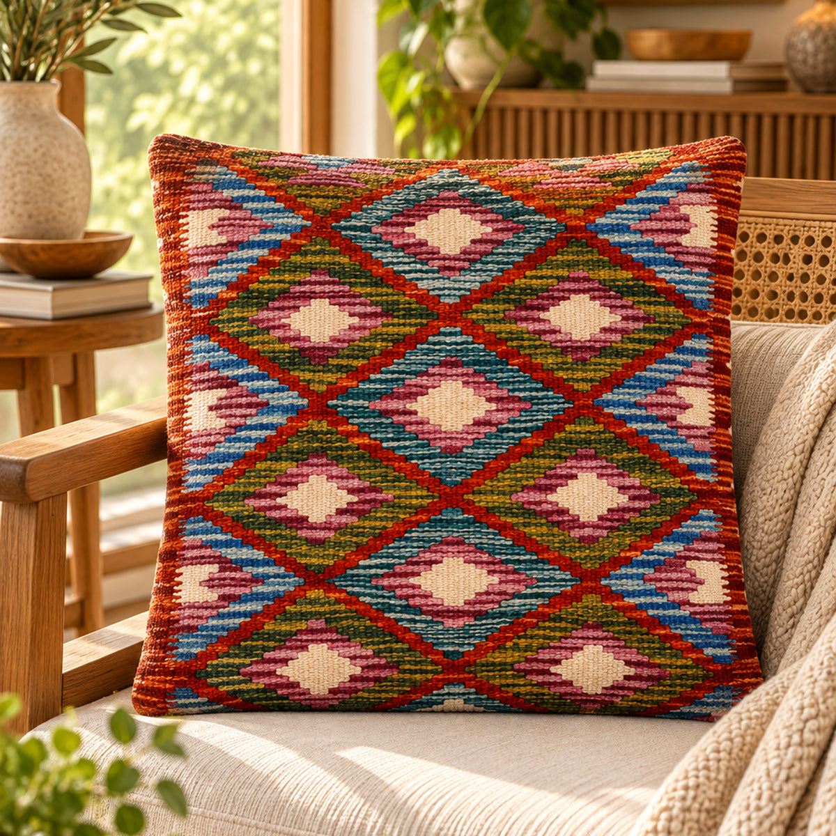 Kilim cushion cover with colorful geometric diamonds on front surface