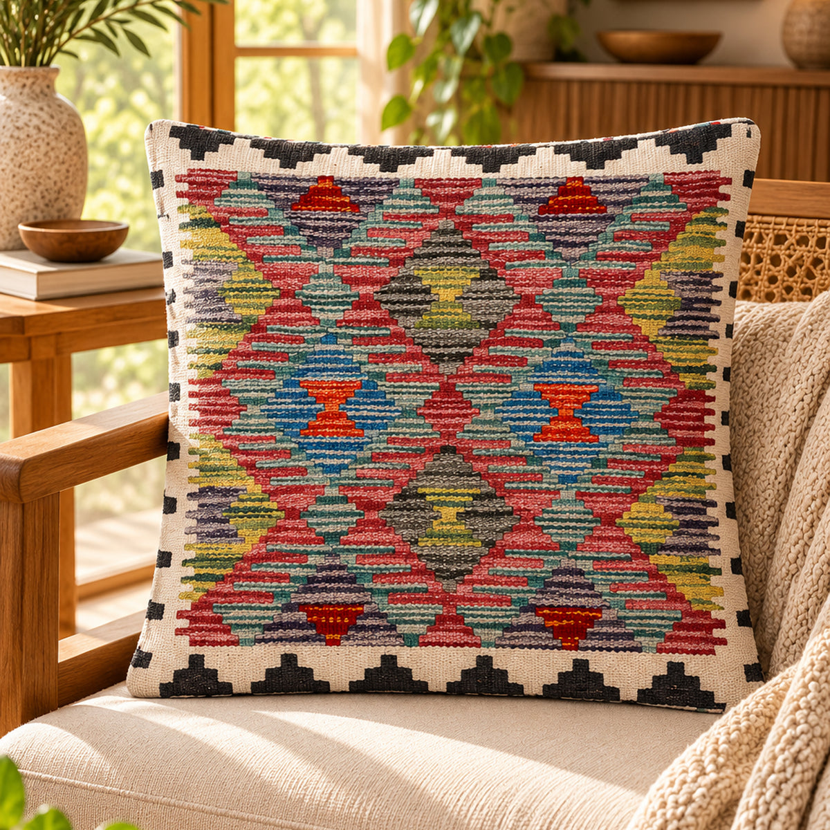 Kilim cushion cover with multicolor diamond medallion pattern, cream border, 45x45 cm