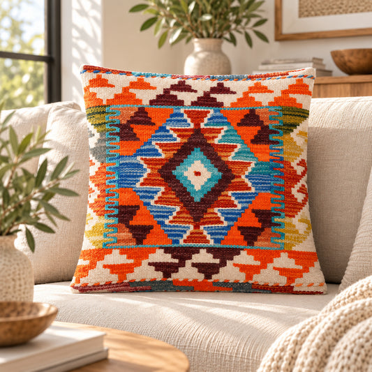 Orange kilim cushion with multicolor diamond pattern, woven front, 45x45 cm