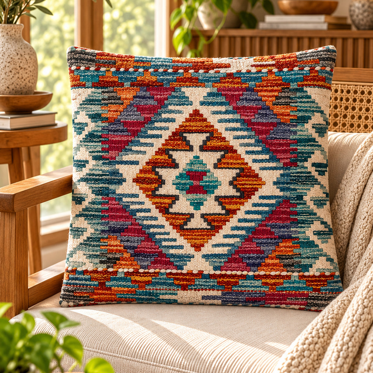 Diamond kilim cushion with multicolor geometric medallion pattern, visible front edge, 45x45 cm