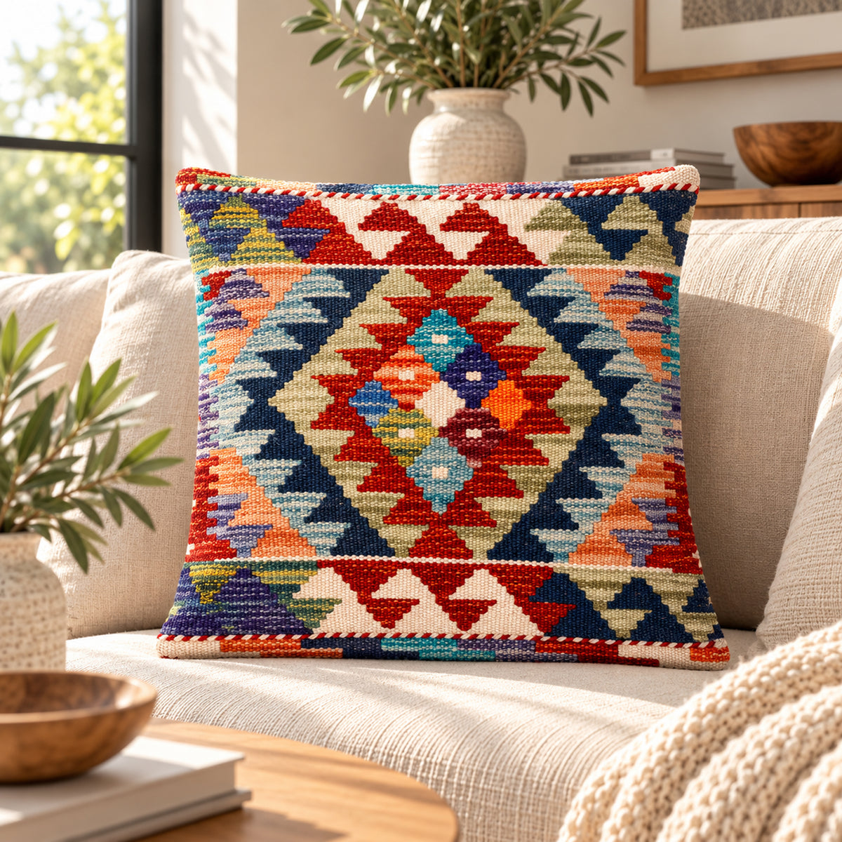 Square kilim cushion with multicolor geometric medallion pattern on blue background