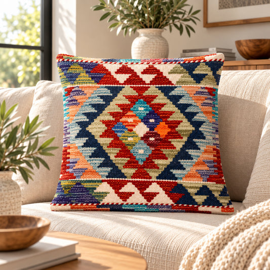 Square kilim cushion with multicolor geometric medallion pattern on blue background
