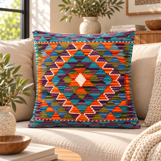 Kilim cushion cover 45x45 cm, colorful diamond kilim pattern on the front