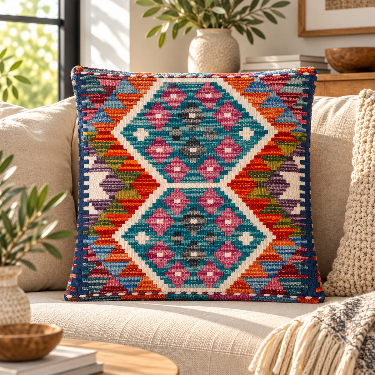 Kilim cushion 45x45 cm, turquoise diamond front with multicolor trim