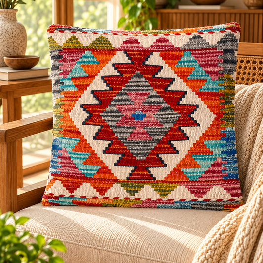 Kilim cushion cover with multicolor diamond geometric pattern, decorative front, 45x45 cm