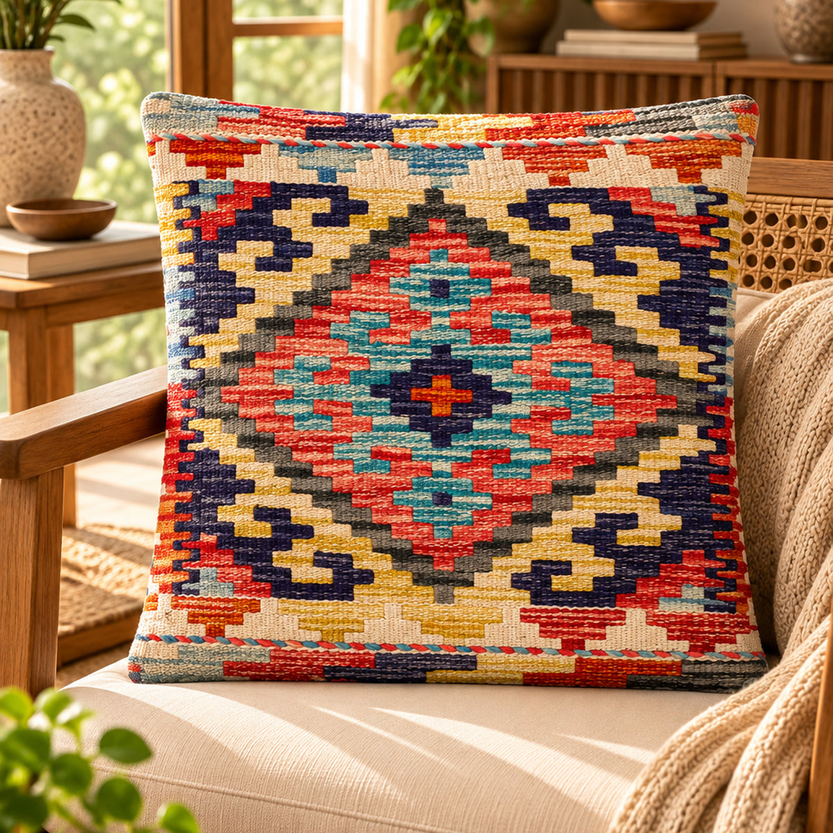 Kilim cushion cover, 45x45 cm, geometric diamond pattern in red, navy, yellow, turquoise