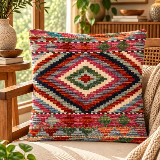 Kilim pillow cover with bold multicolor geometric diamond pattern, square shape