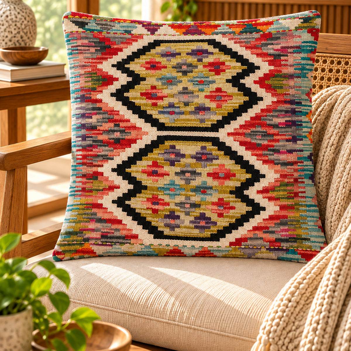 Red kilim throw pillow cover, double medallion pattern, 45x45 cm square