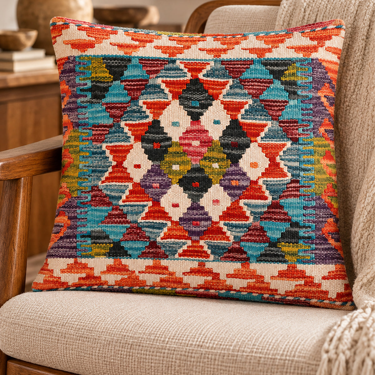 45x45 kilim cushion cover, multicolor tribal geometric pattern on orange base