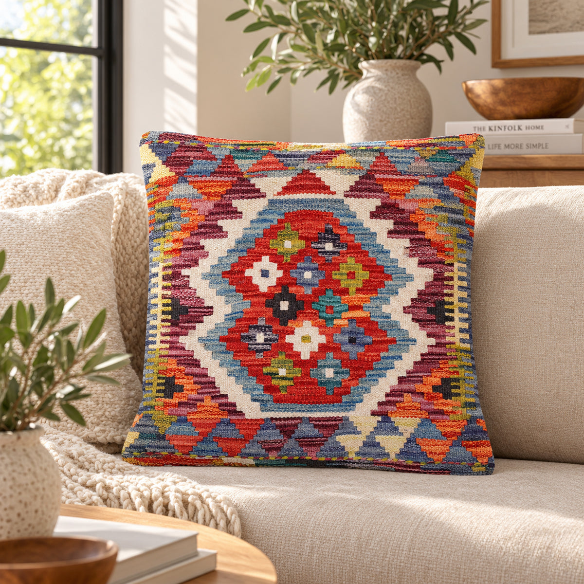Kilim cushion front with red medallion motif and multicolor geometric border, angled view