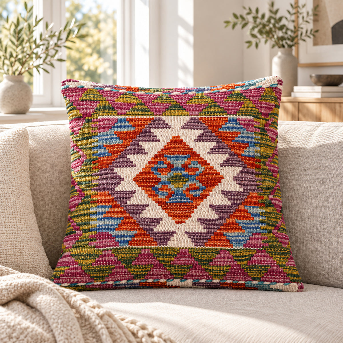 Kilim cushion with orange medallion motif and multicolor geometric pattern, 45x45 cm