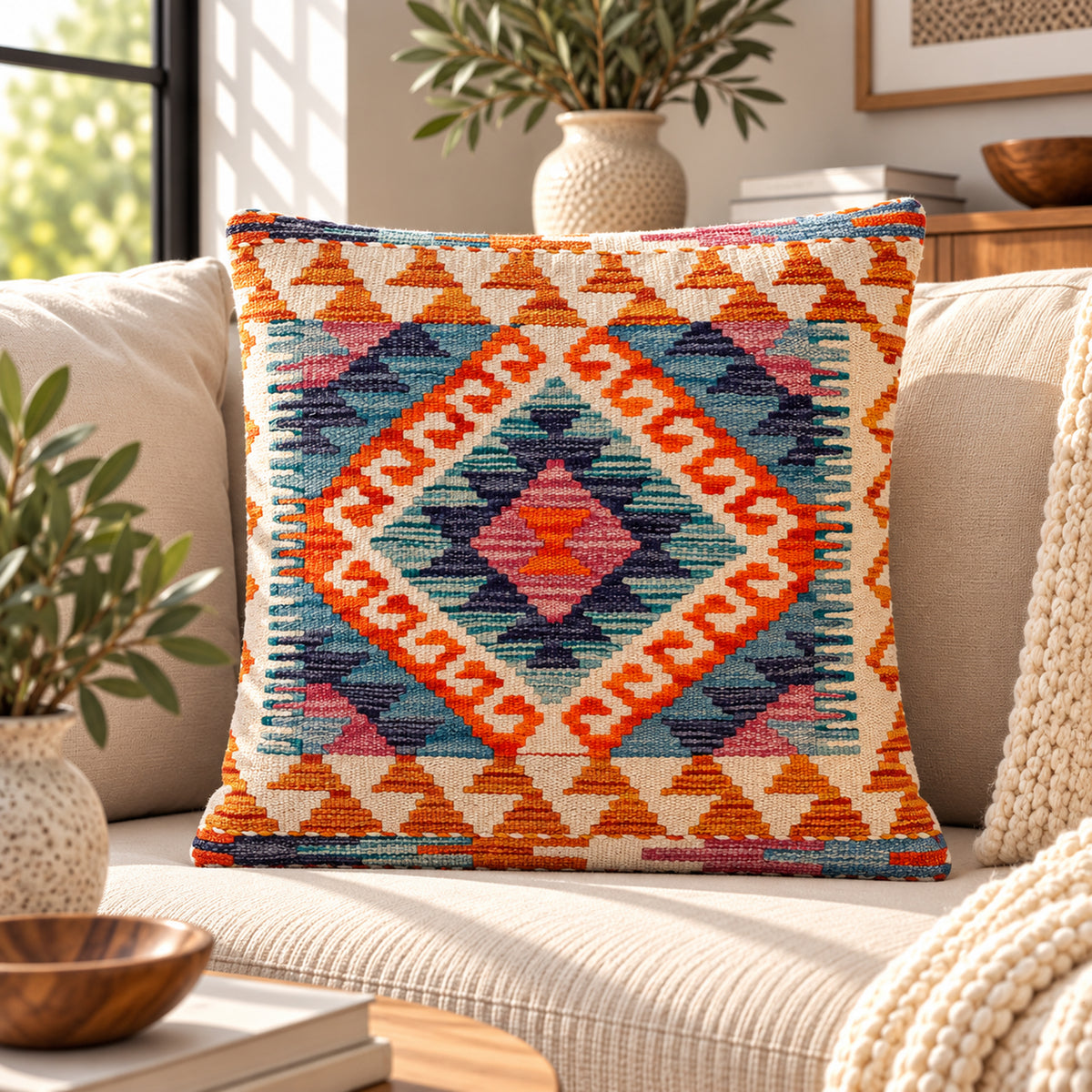 Geometric kilim cushion cover, orange and blue with fringed border, 45x45 cm