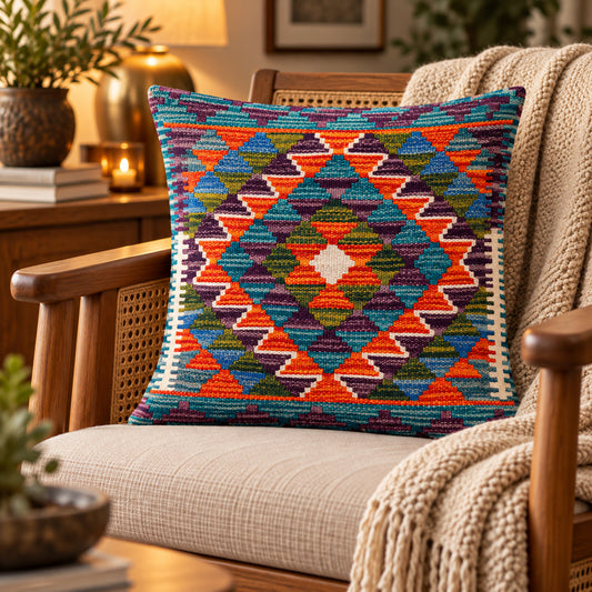 Turquoise diamond kilim cushion with multicolor geometric pattern, square 45x45