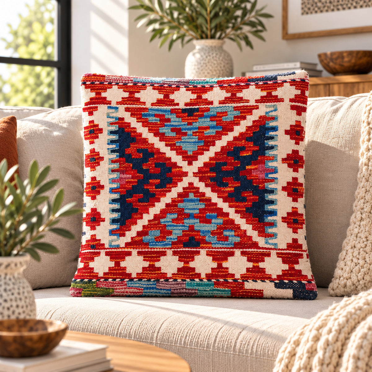 Kilim cushion cover 45x45 cm with red, navy and blue geometric pattern
