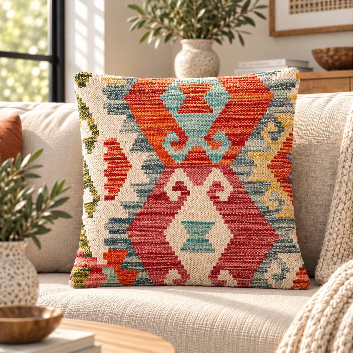 Tribal kilim cushion with geometric pattern in orange, blue, and red on cream