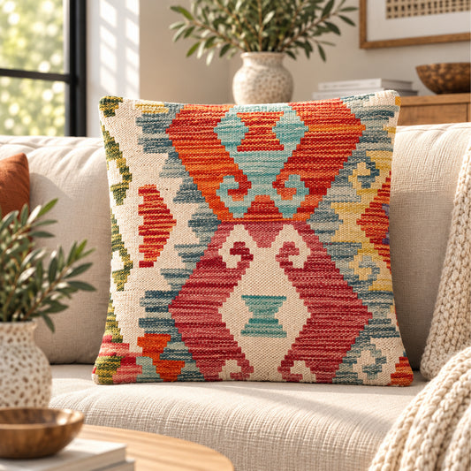 Tribal kilim cushion with geometric pattern in orange, blue, and red on cream