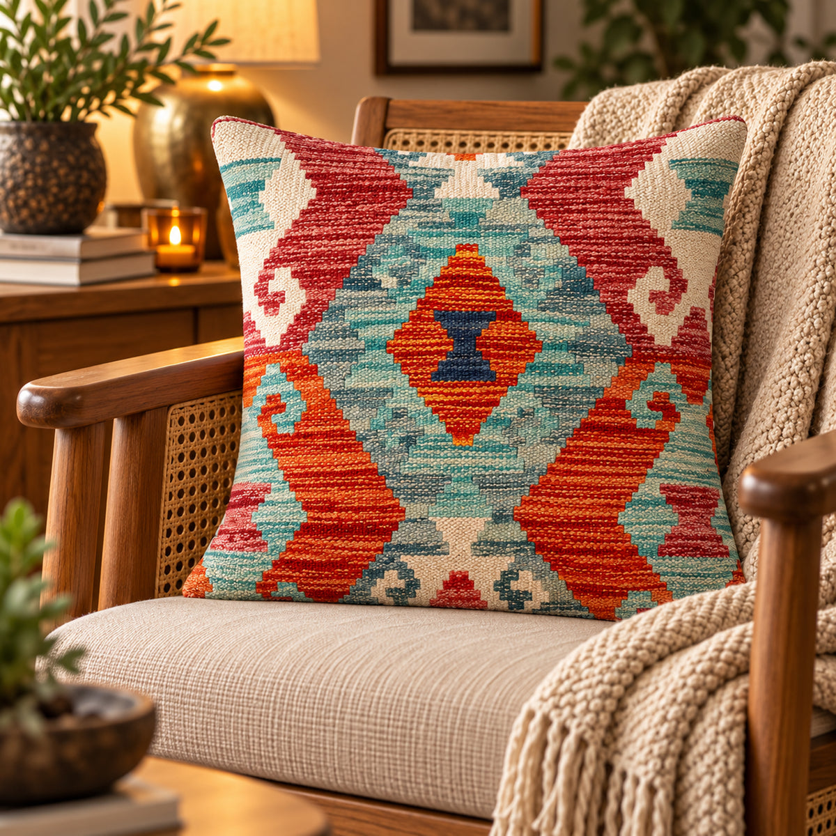 45x45 kilim cushion with geometric red, teal, orange, and white pattern on front