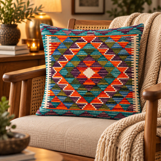 Turquoise kilim cushion cover with multicolor geometric pattern, 45x45 cm