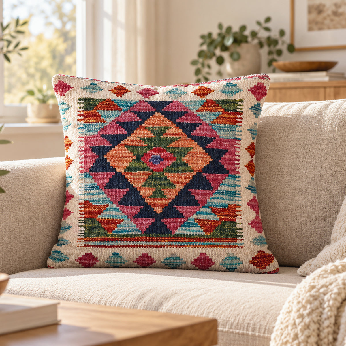 Kilim cushion cover with multicolor medallion diamond pattern, square 45x45 cm