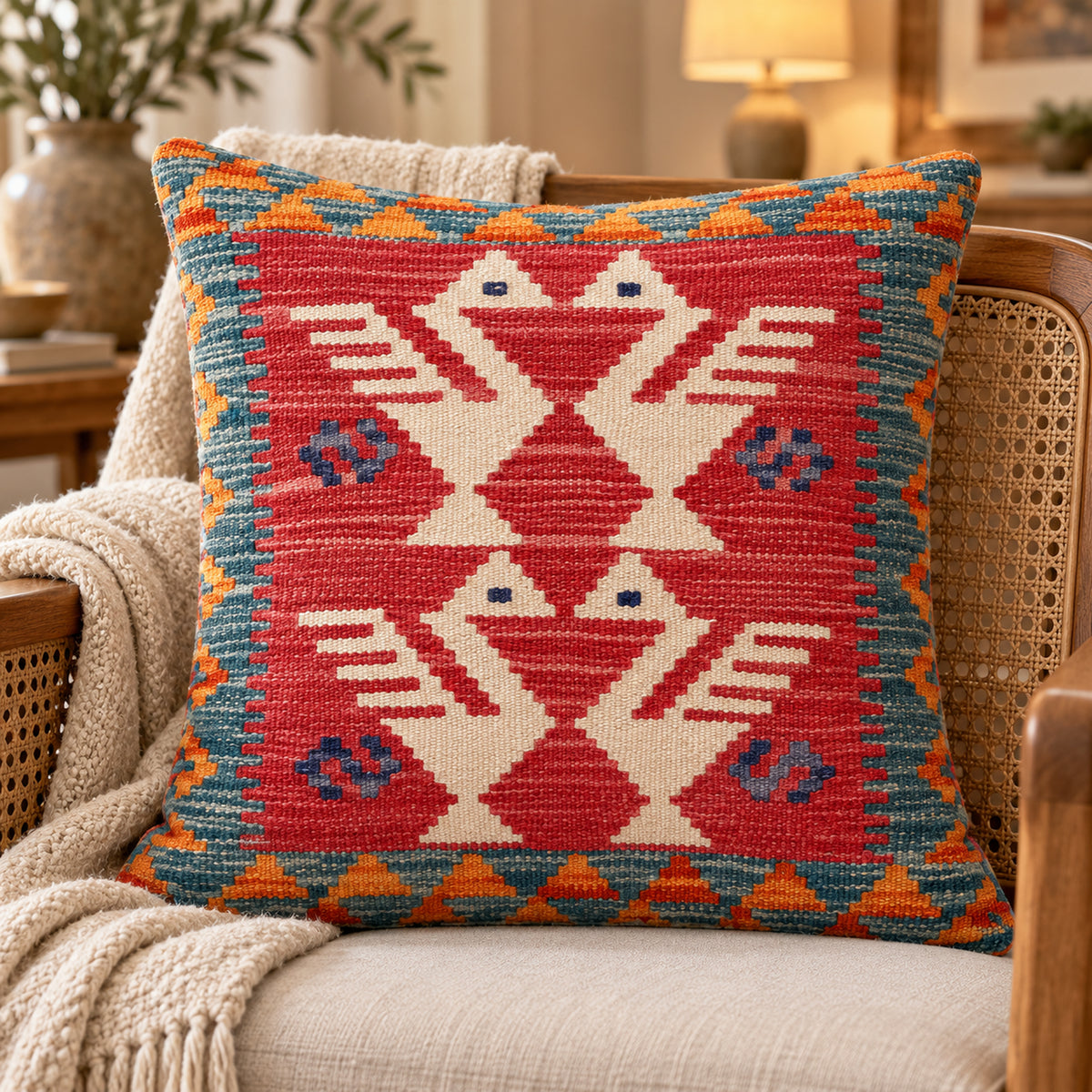 Kilim cushion cover with red, blue, cream bird motif and geometric border