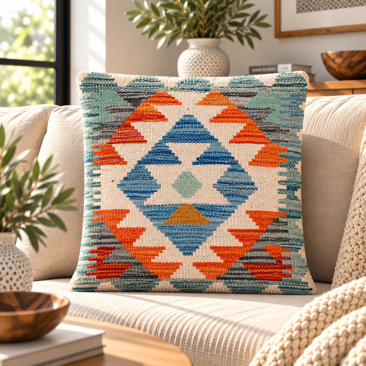 Kilim cushion cover with geometric diamond pattern in blue, orange, and cream